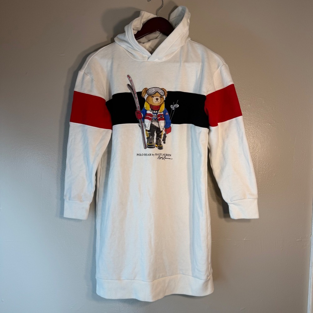 Polo Ralph Lauren Kids Ski Polo Bear Hoodie Dress White XL 16